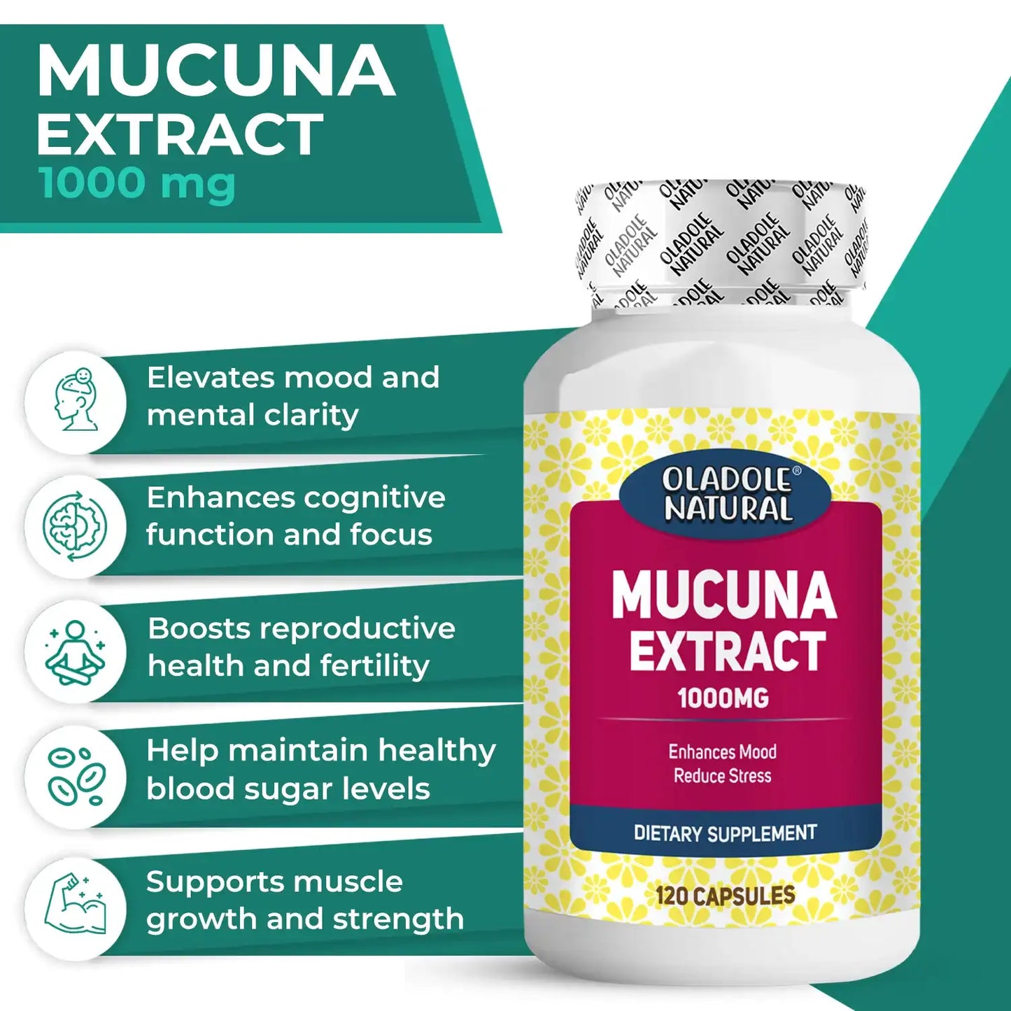 Oladole Natural Mucuna Extract 1000 mg, 120 Capsule