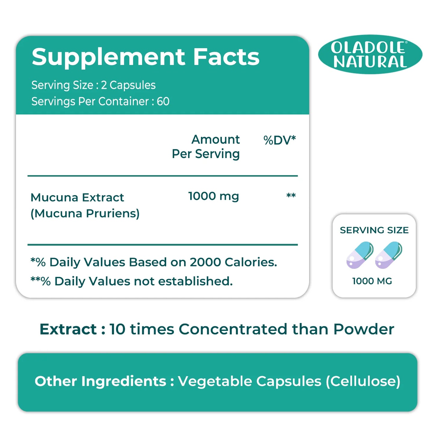 Oladole Natural Mucuna Extract 1000 mg, 120 Capsule