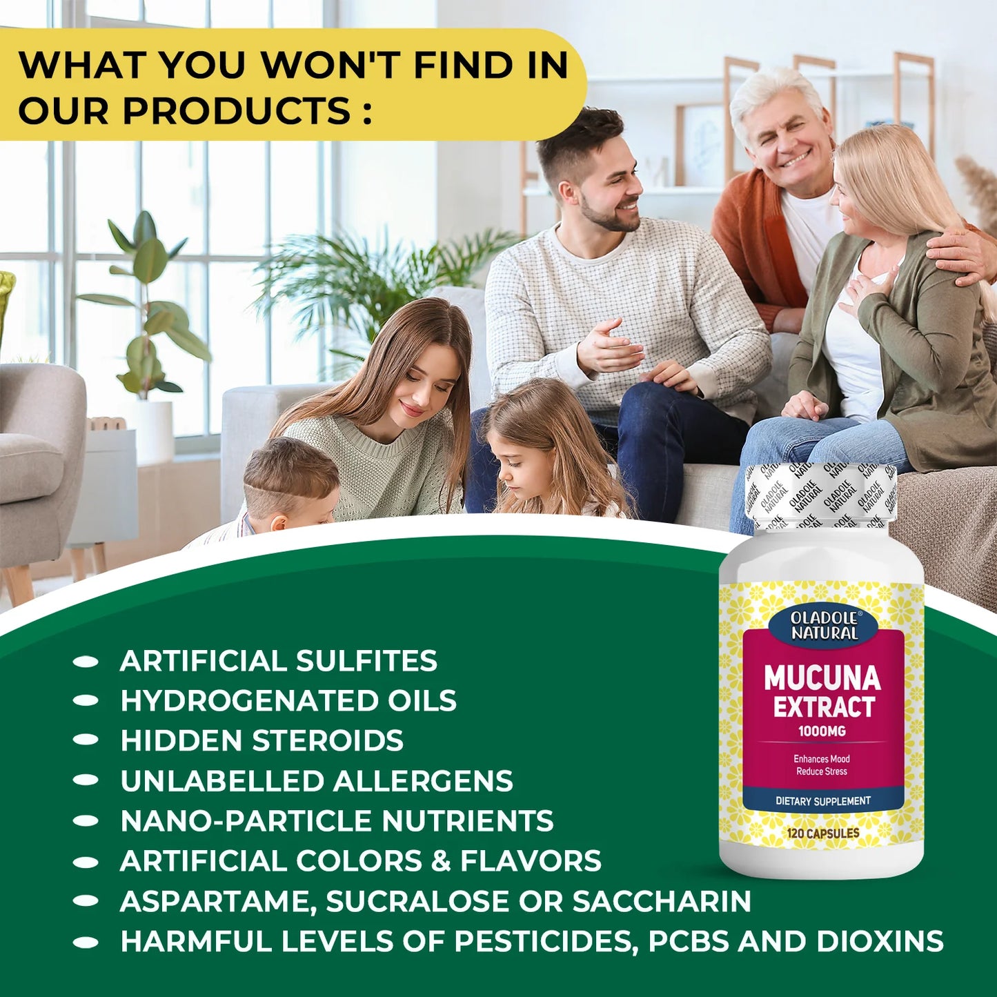 Oladole Natural Mucuna Extract 1000 mg, 120 Capsule