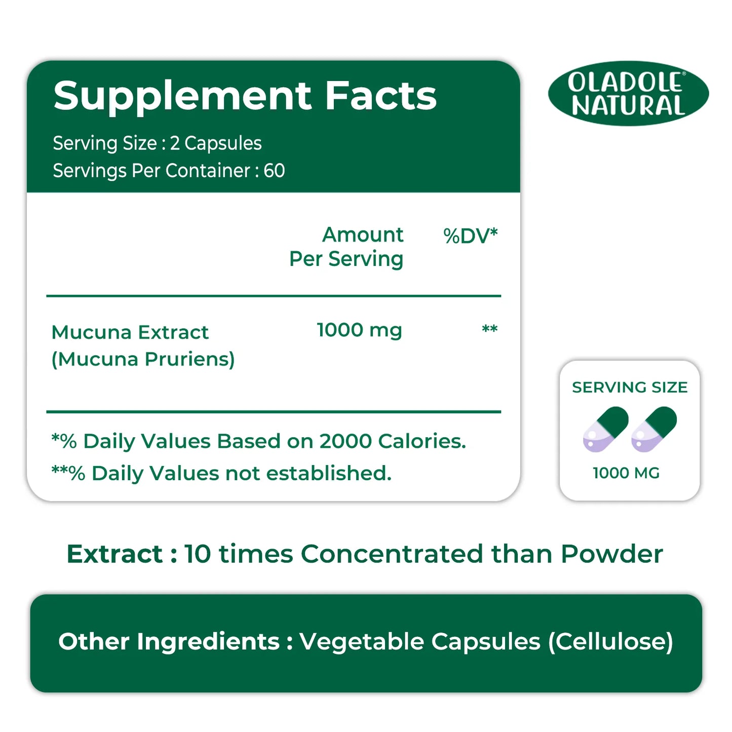 Oladole Natural Mucuna Extract 1000 mg, 120 Capsule