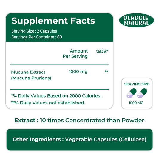 Oladole Natural Mucuna Extract 1000 mg, 120 Capsule