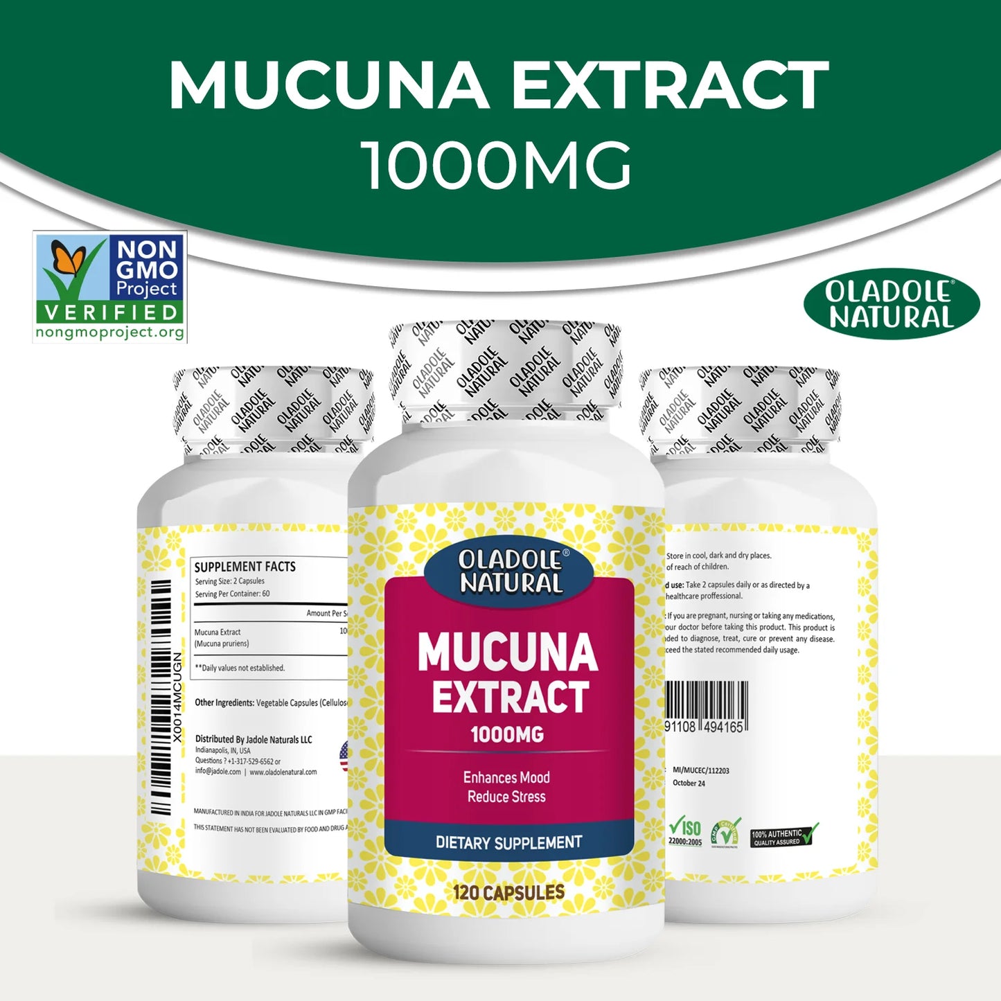 Oladole Natural Mucuna Extract 1000 mg, 120 Capsule