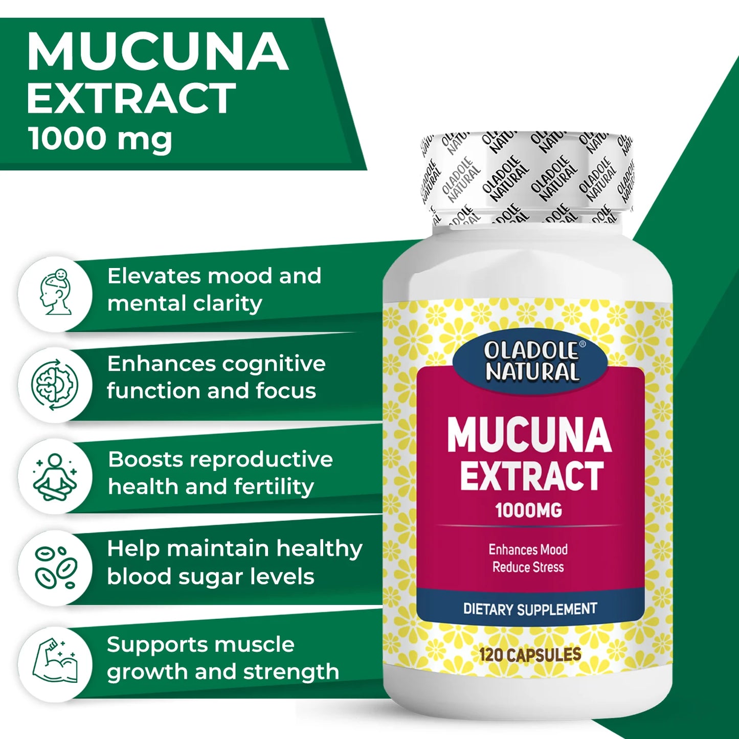 Oladole Natural Mucuna Extract 1000 mg, 120 Capsule
