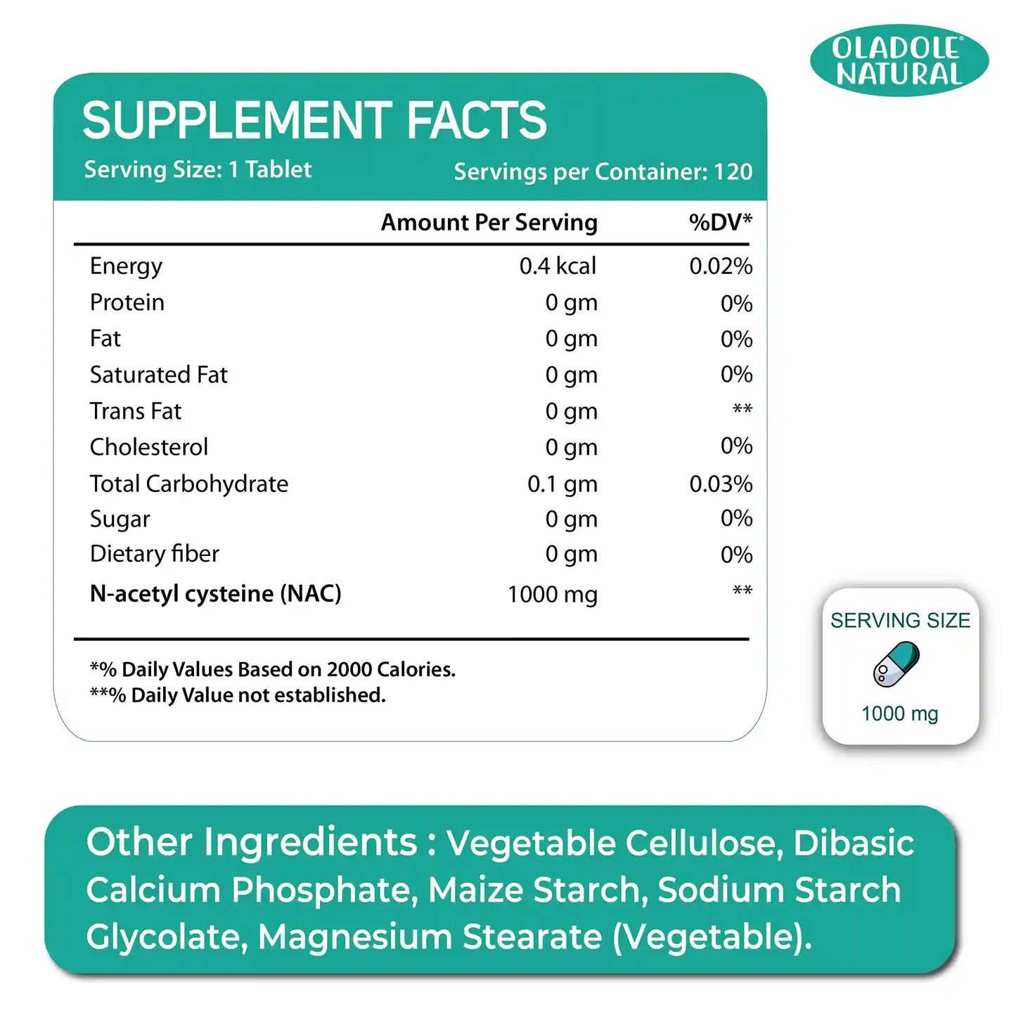 Oladole Natural N-Acetyl Cysteine NAC 1000mg, 120 Tablets