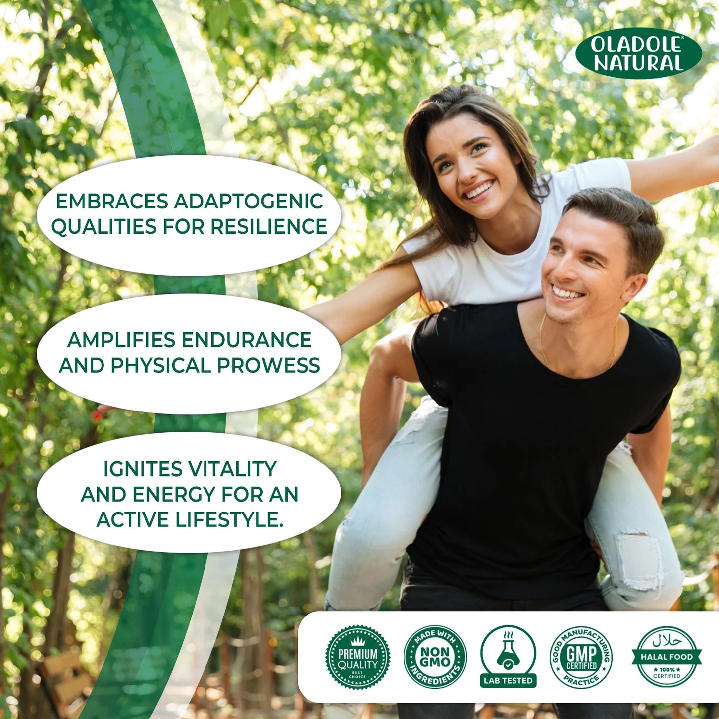 Couple in a forest with Oladole Natural branding and product features.
