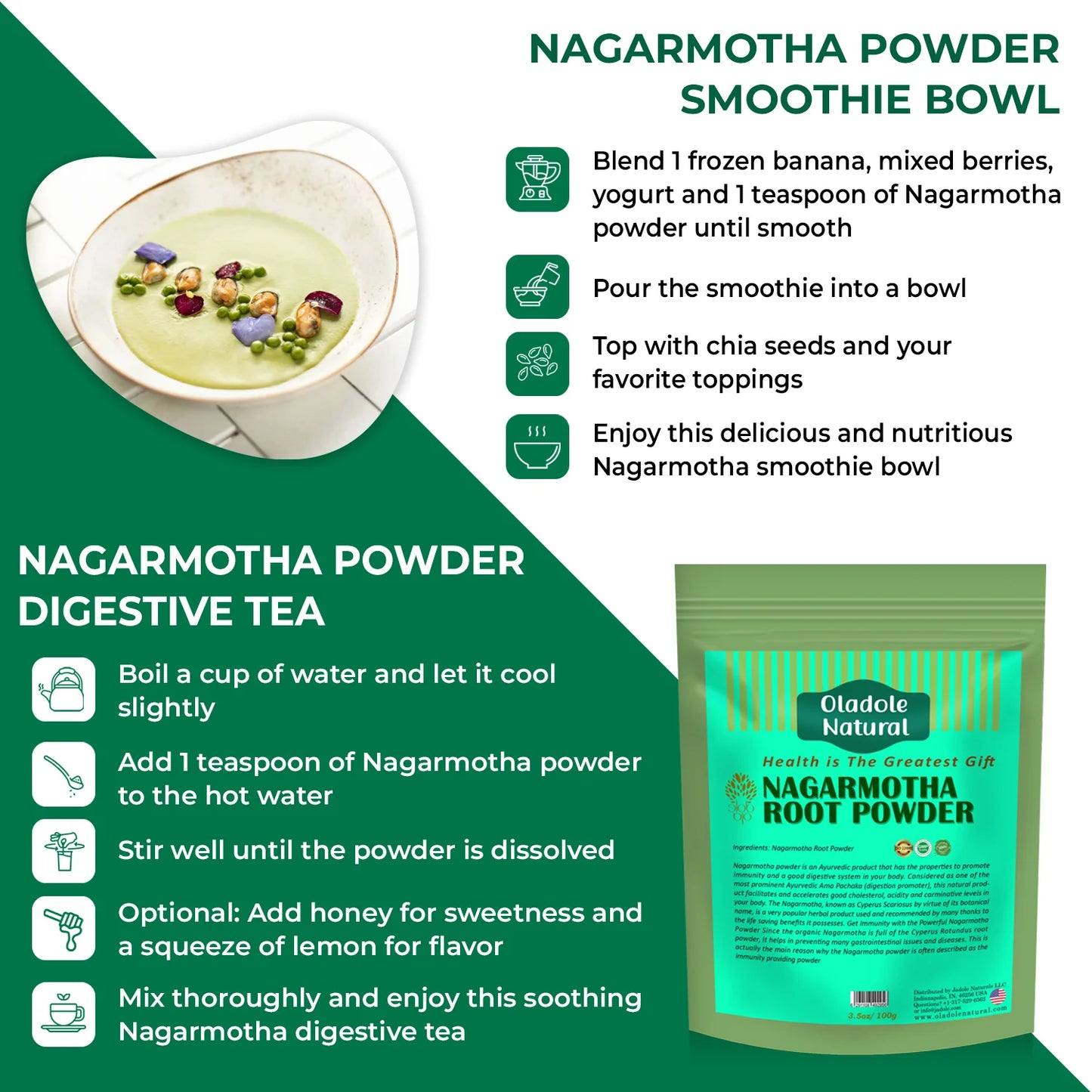 Nagarmotha Powder packaging with usage instructions on a green background