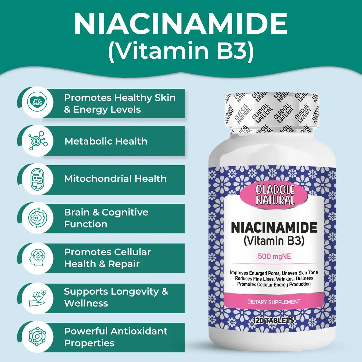 Oladole Natural Niacinamide Vitamin B3 500mgNE 120 Tablets