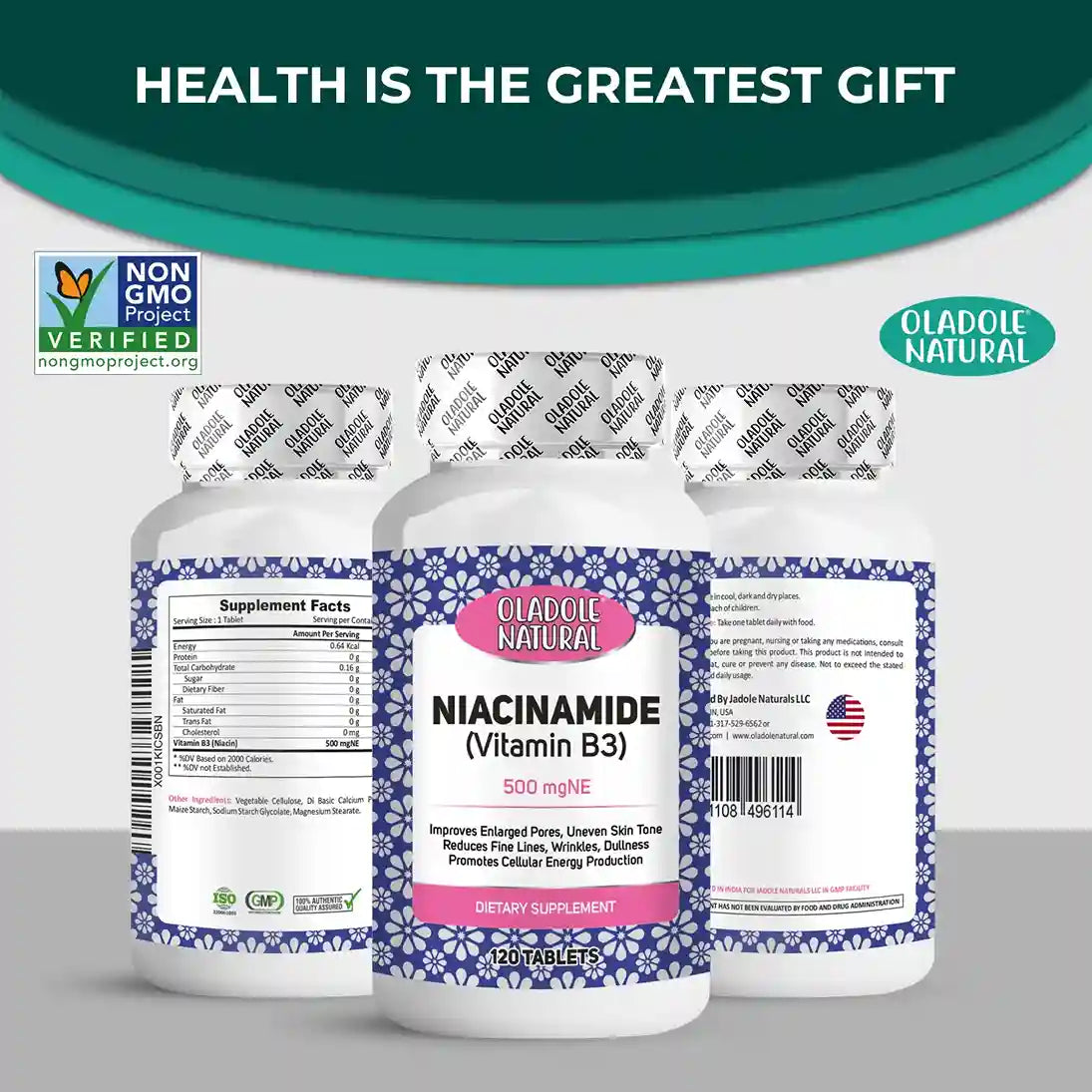 Oladole Natural Niacinamide Vitamin B3 500mgNE 120 Tablets