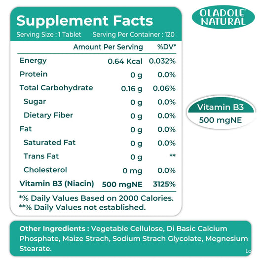 Oladole Natural Niacinamide Vitamin B3 500mgNE 120 Tablets