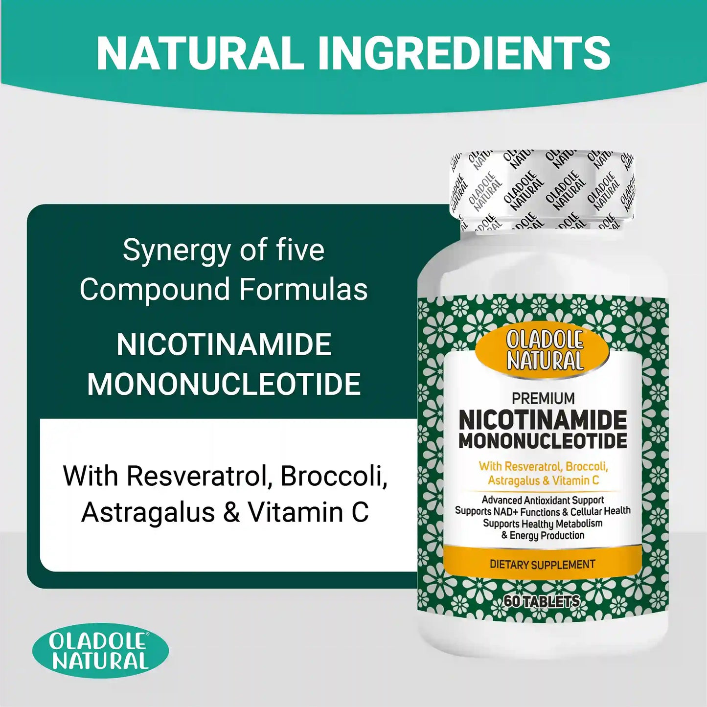 Oladole Natural NMN (Nicotinamide Mononucleotide) with Broccoli, Astragalus and Vitamin C