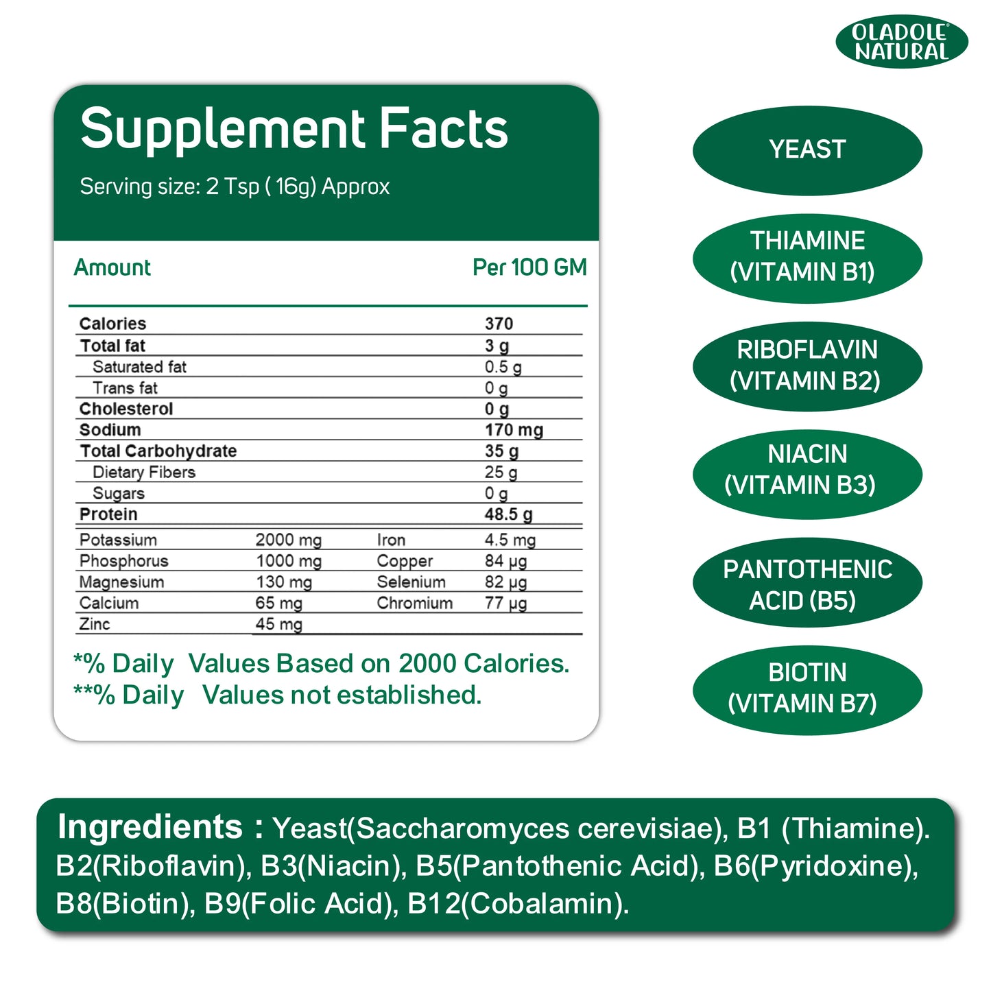 Oladole Natural Nutritional Yeast Flakes  Supplement Facts