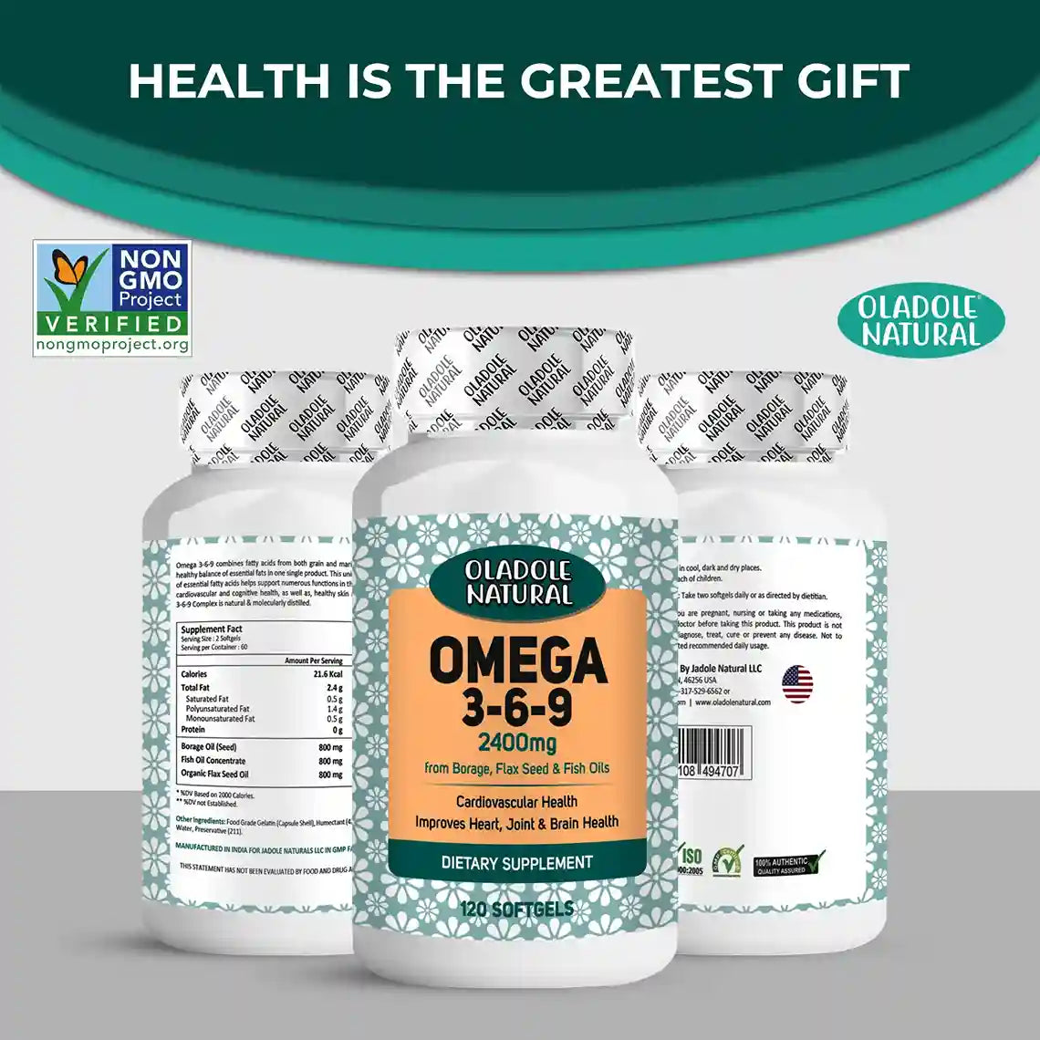 Oladole Natural Omega 3-6-9 from Borage, Flaxseed and Fish Oils, 2400mg 120 softgels