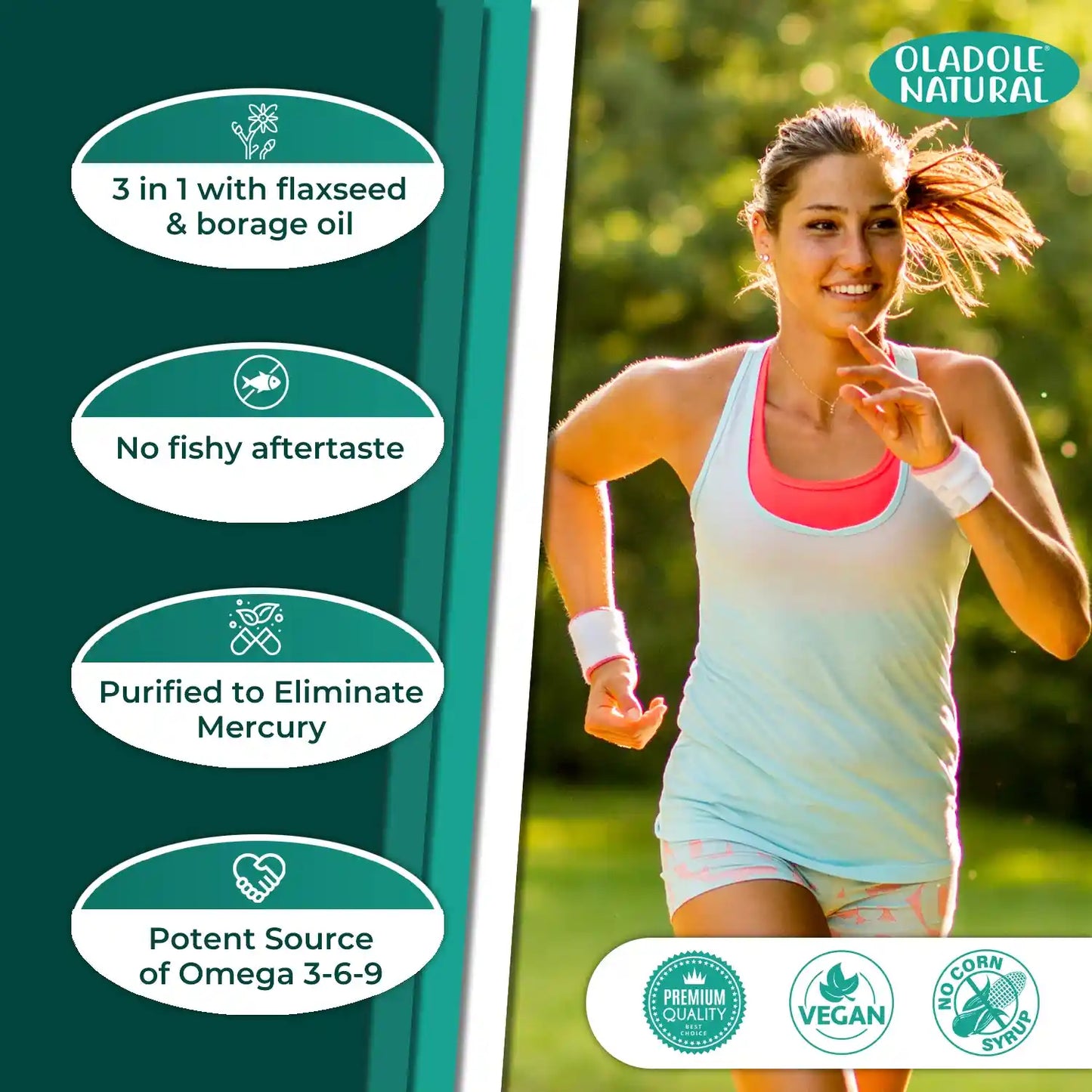 Oladole Natural Omega 3-6-9 from Borage, Flaxseed and Fish Oils, 2400mg 120 softgels