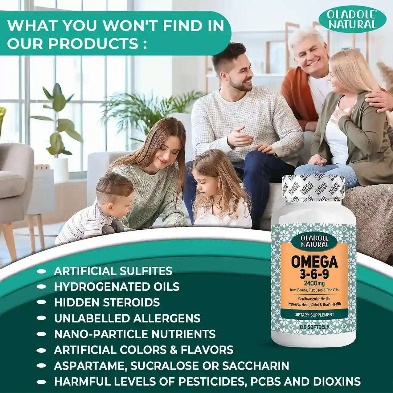 Oladole Natural Omega 3-6-9 from Borage, Flaxseed and Fish Oils, 2400mg 120 softgels