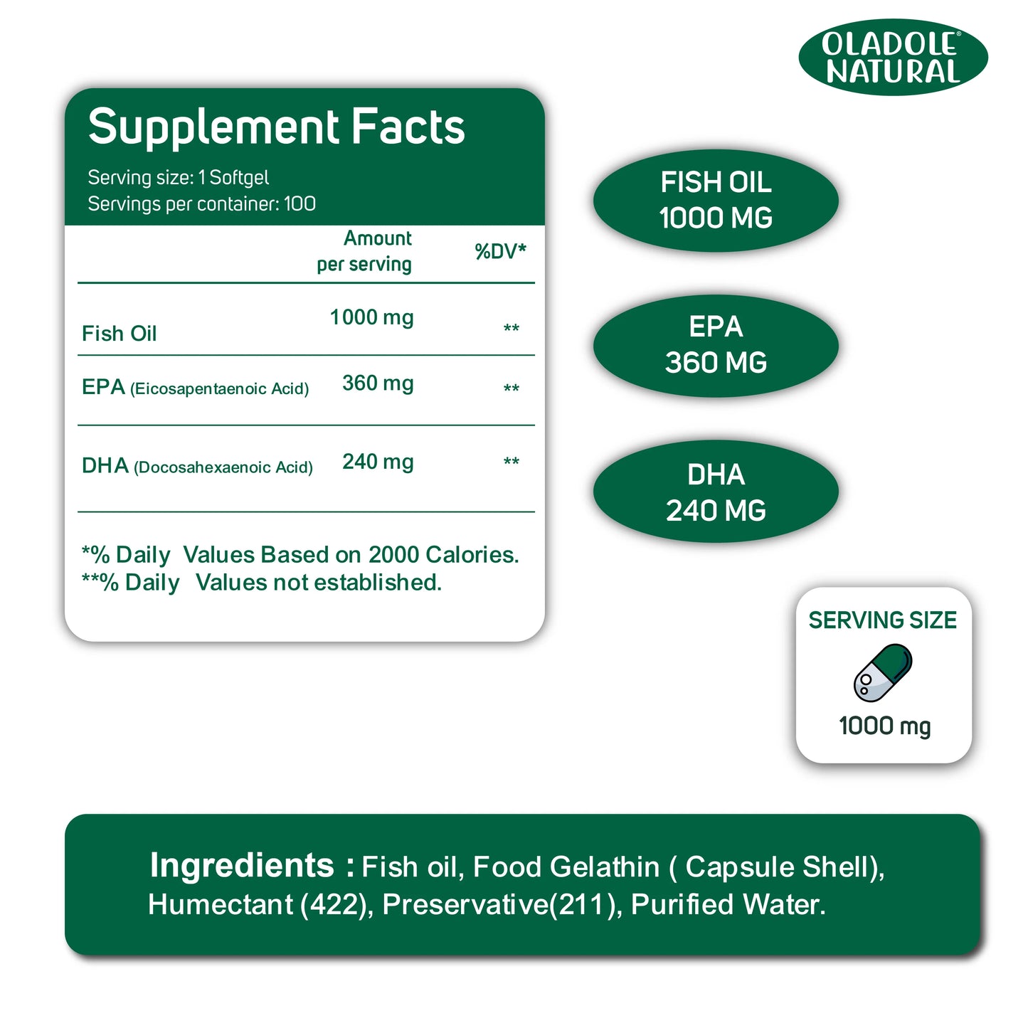 Oladole Natural Omega 3 Fish Oil 1000mg 100 Softgel