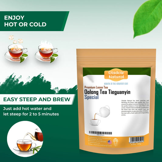 Oolong Tea Tieguanyin Special package with brewing instructions on a green background