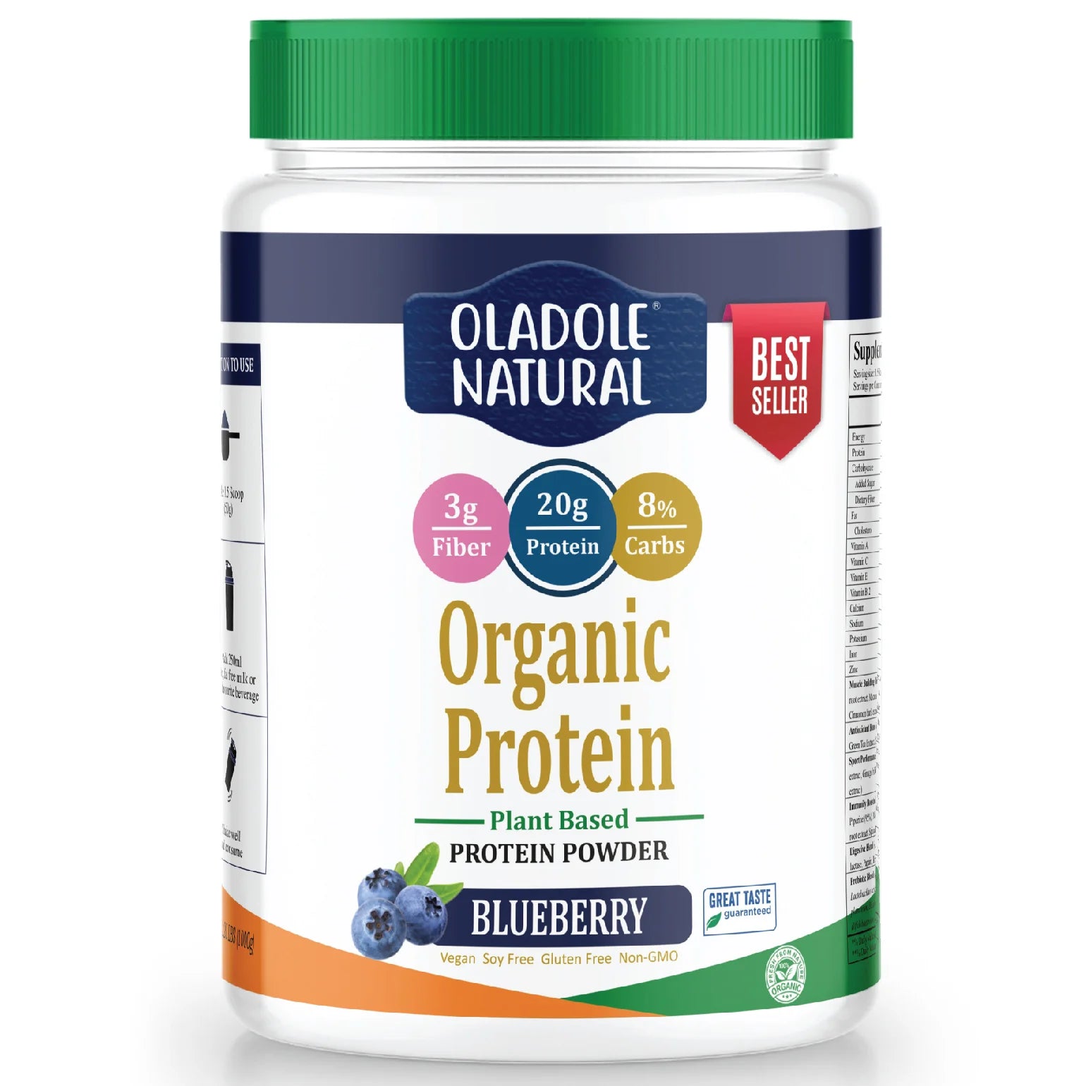 مسحوق بروتين عضوي طبيعي من أولادول، 1 كجم، بنكهة التوت الأزرق، حلال 