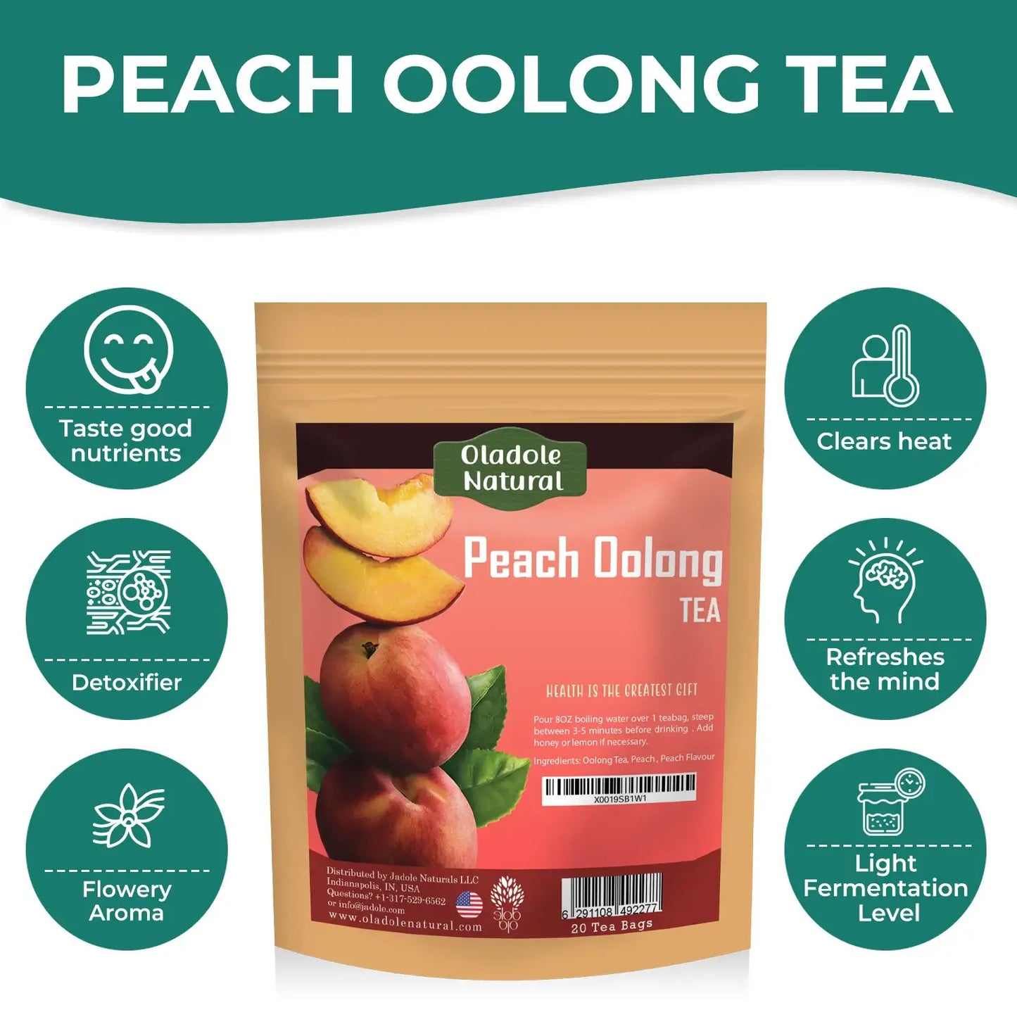 Oladole Natural Peach Oolong Tea - 20 Tea Bags