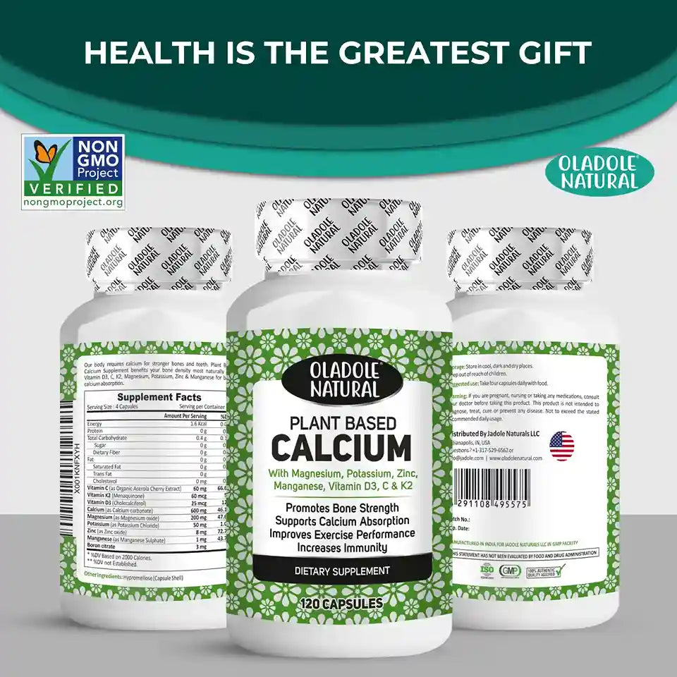 Oladole Natural Plant-Based Calcium  with Magnesium, Potassium, Zinc, Boron, Manganese, Vitamins 120 Capsules