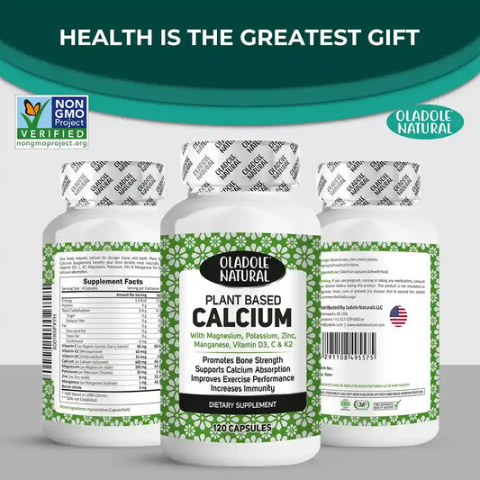 Oladole Natural Plant-Based Calcium  with Magnesium, Potassium, Zinc, Boron, Manganese, Vitamins 120 Capsules
