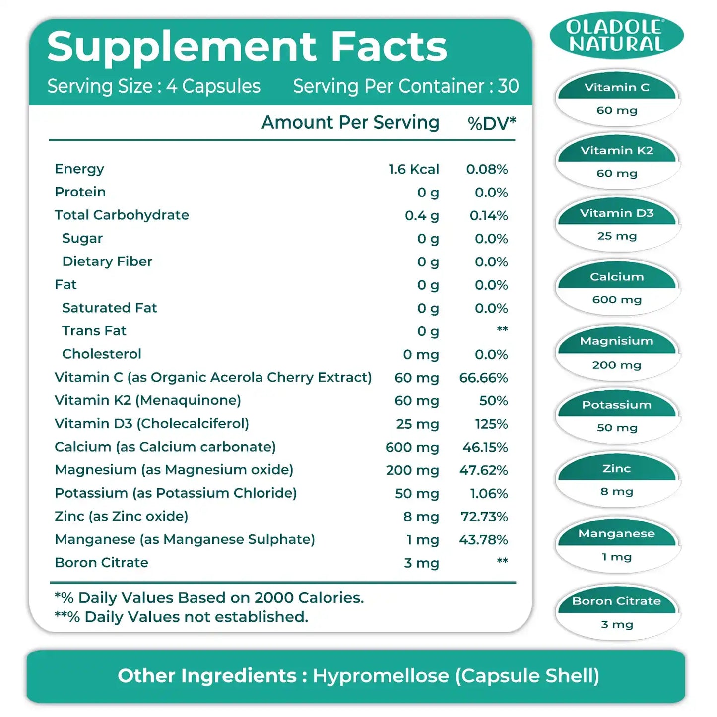Oladole Natural Plant-Based Calcium  with Magnesium, Potassium, Zinc, Boron, Manganese, Vitamins 120 Capsules
