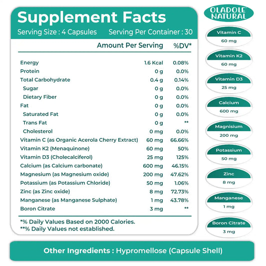 Oladole Natural Plant-Based Calcium  with Magnesium, Potassium, Zinc, Boron, Manganese, Vitamins 120 Capsules