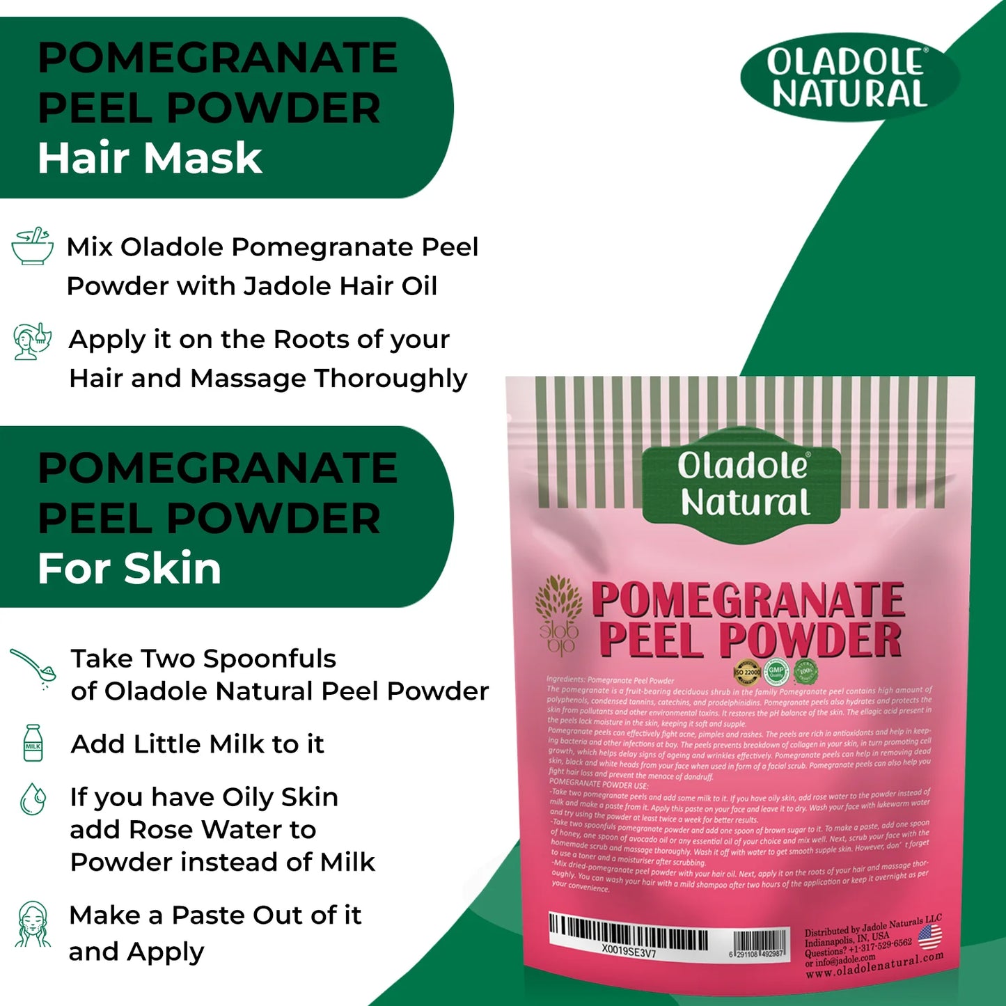 Oladole Natural Pomegranate Peel Powder packaging with usage instructions on a green and white background