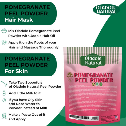 Oladole Natural Pomegranate Peel Powder packaging with usage instructions on a green and white background