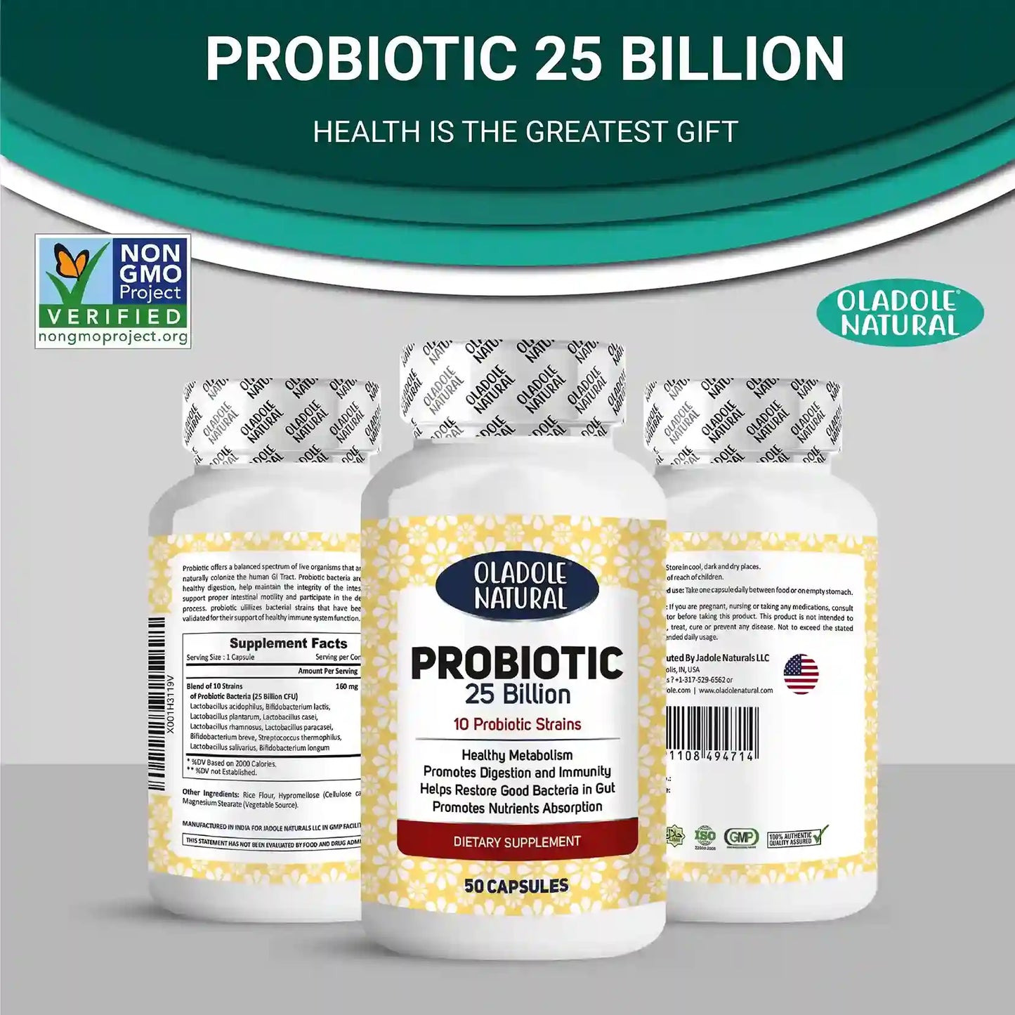 Oladole Natural Probiotic 25 Billion 10 Probiotic Strains 50 Capsules
