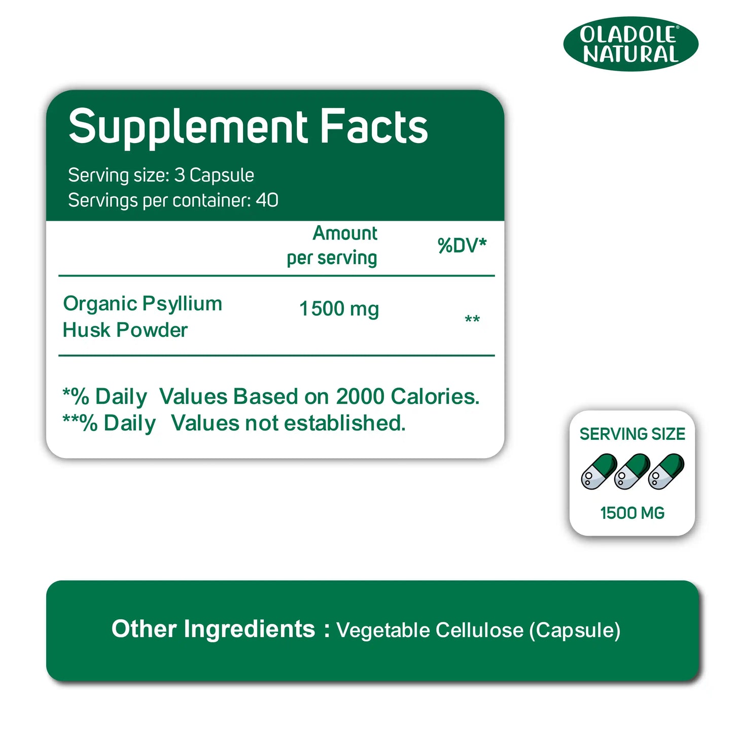 Oladole Natural Psyllium Husk 1500mg 120 Capsules