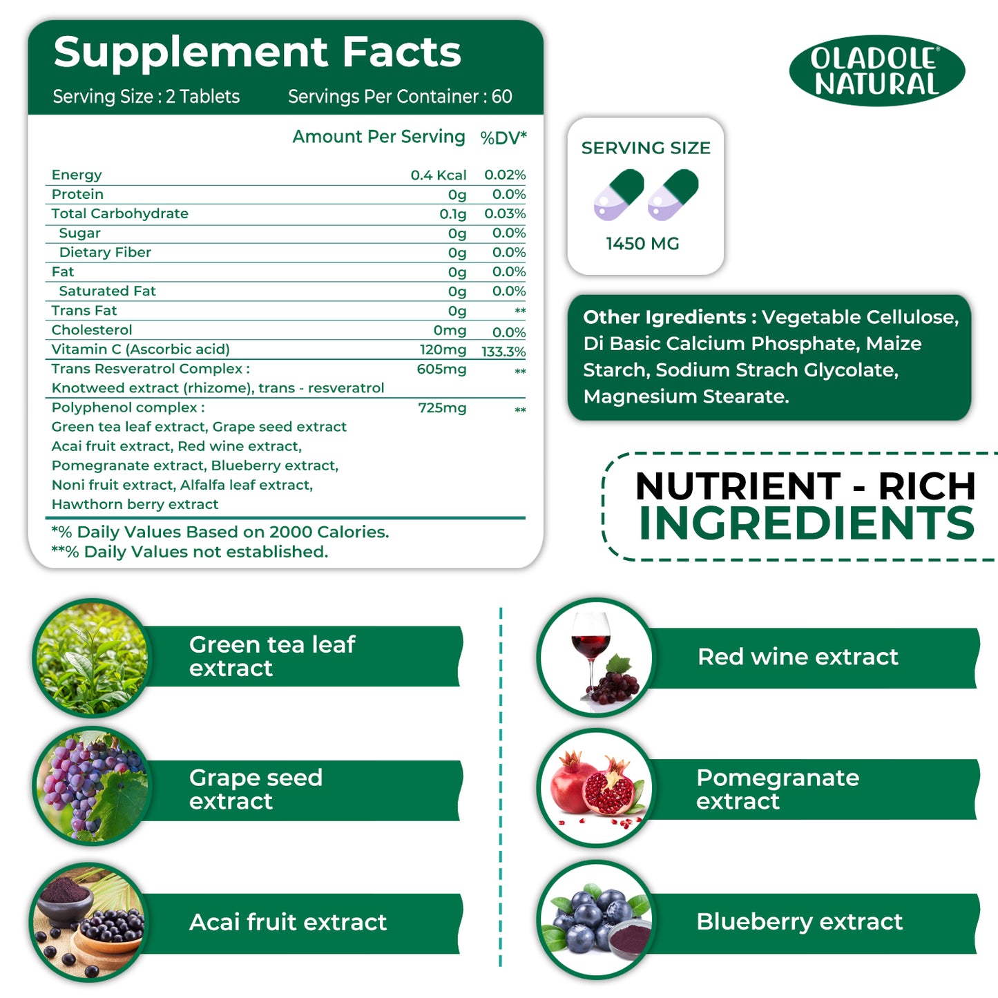 Oladole Natural Resveratrol- 1450mg (60 Tablets)