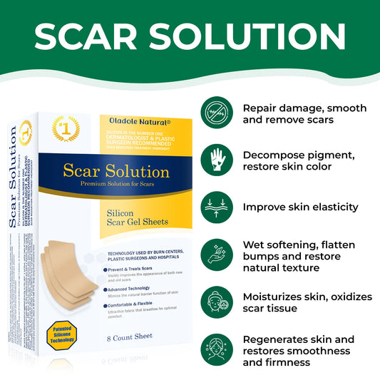 Oladote Natural scar solution packaging with features listed on a white background