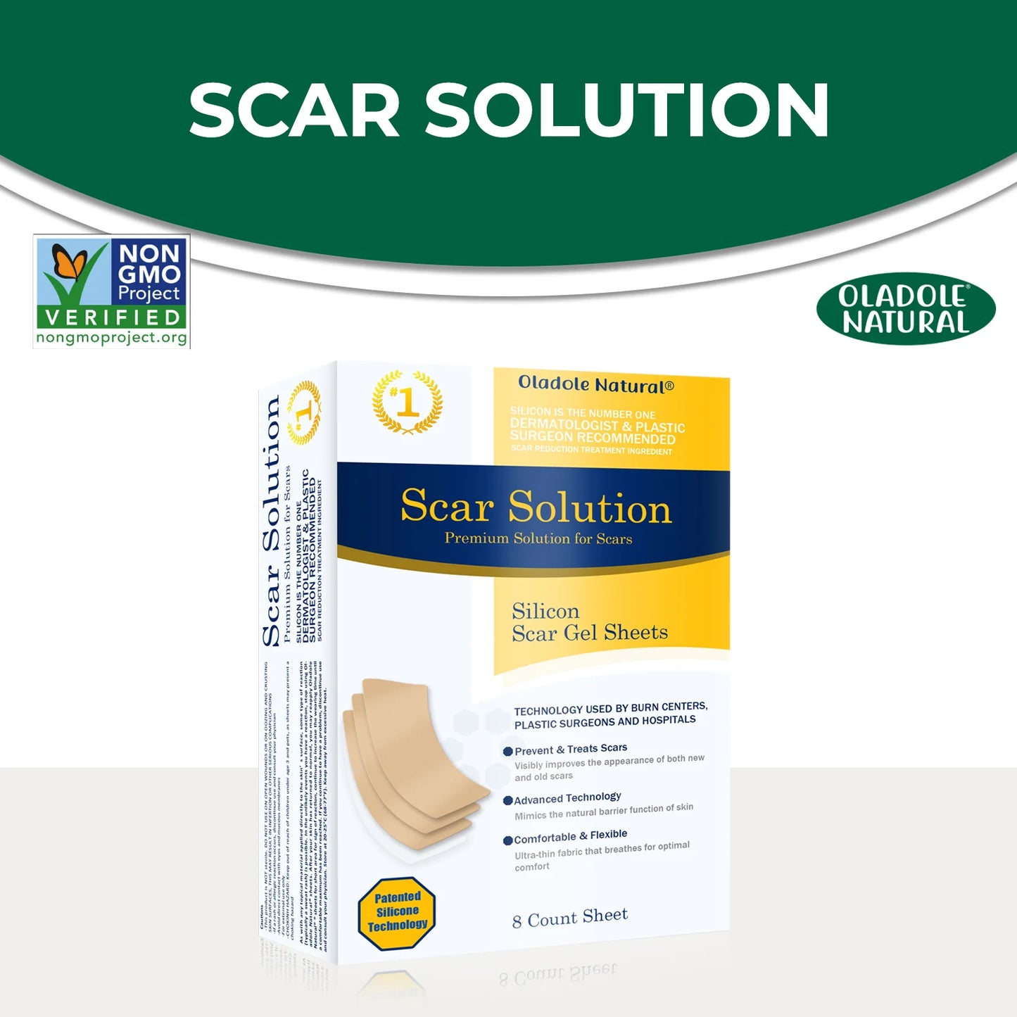 Box of Oladole Natural Scar Solution with branding and product details on a white background