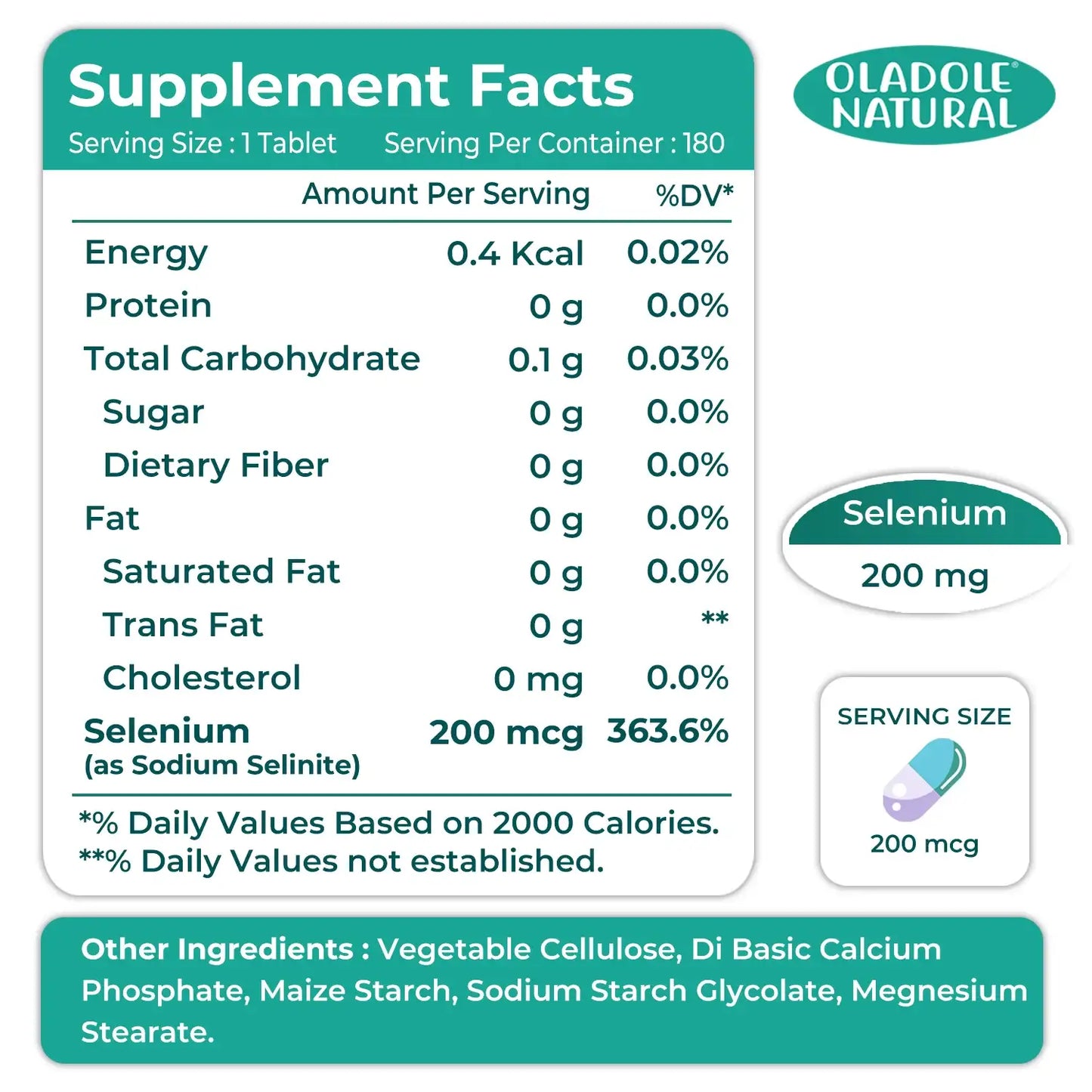 Oladole Natural Selenium 200mcg 180 Tablets