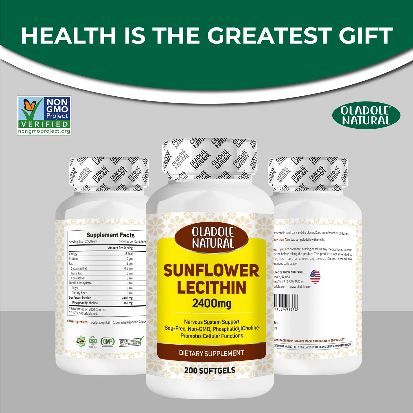Oladole Natural Sunflower Lecithin 2400mg - 200 Softgels