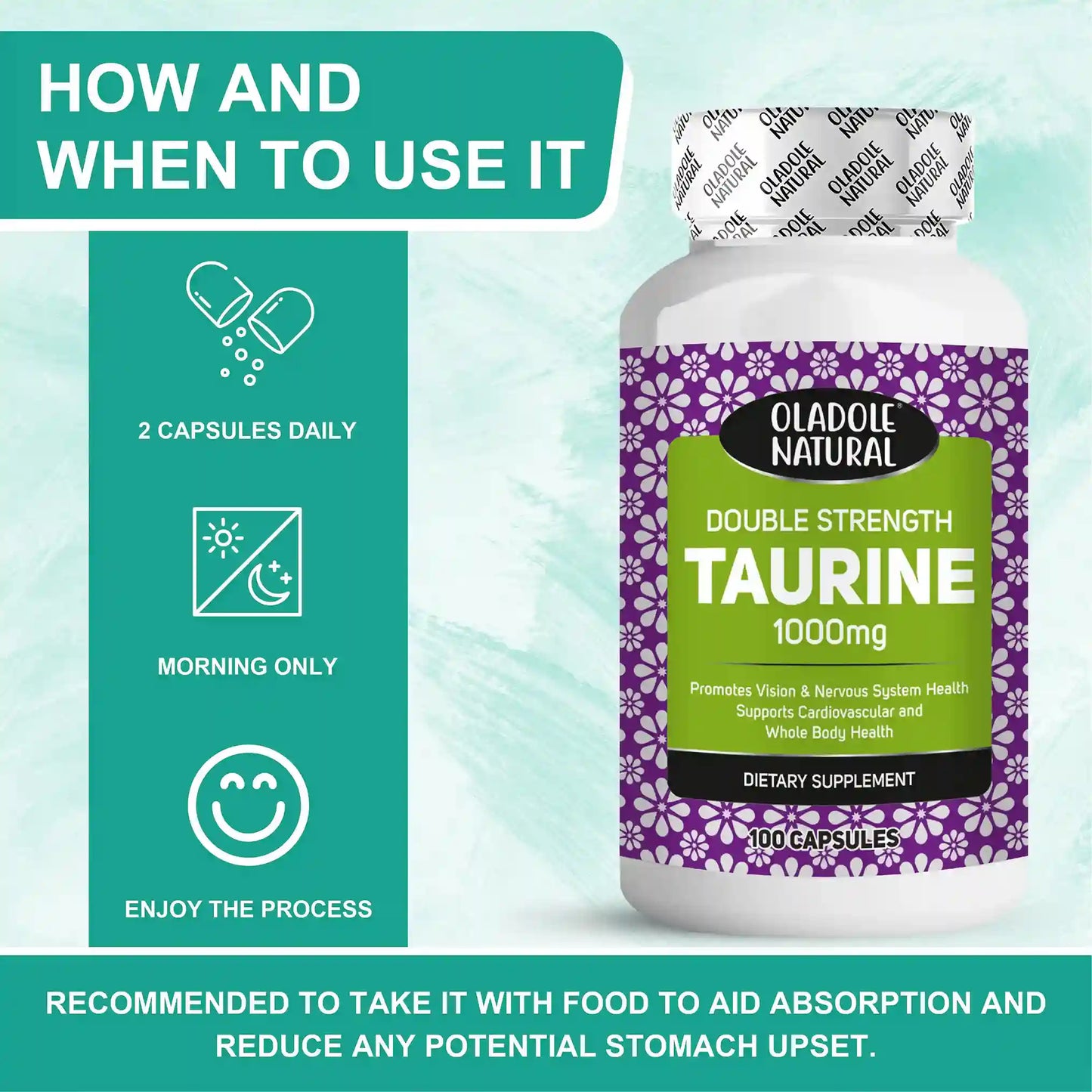 Oladole Natural Double Strength Taurine (1000 mg) - 100 Capsules
