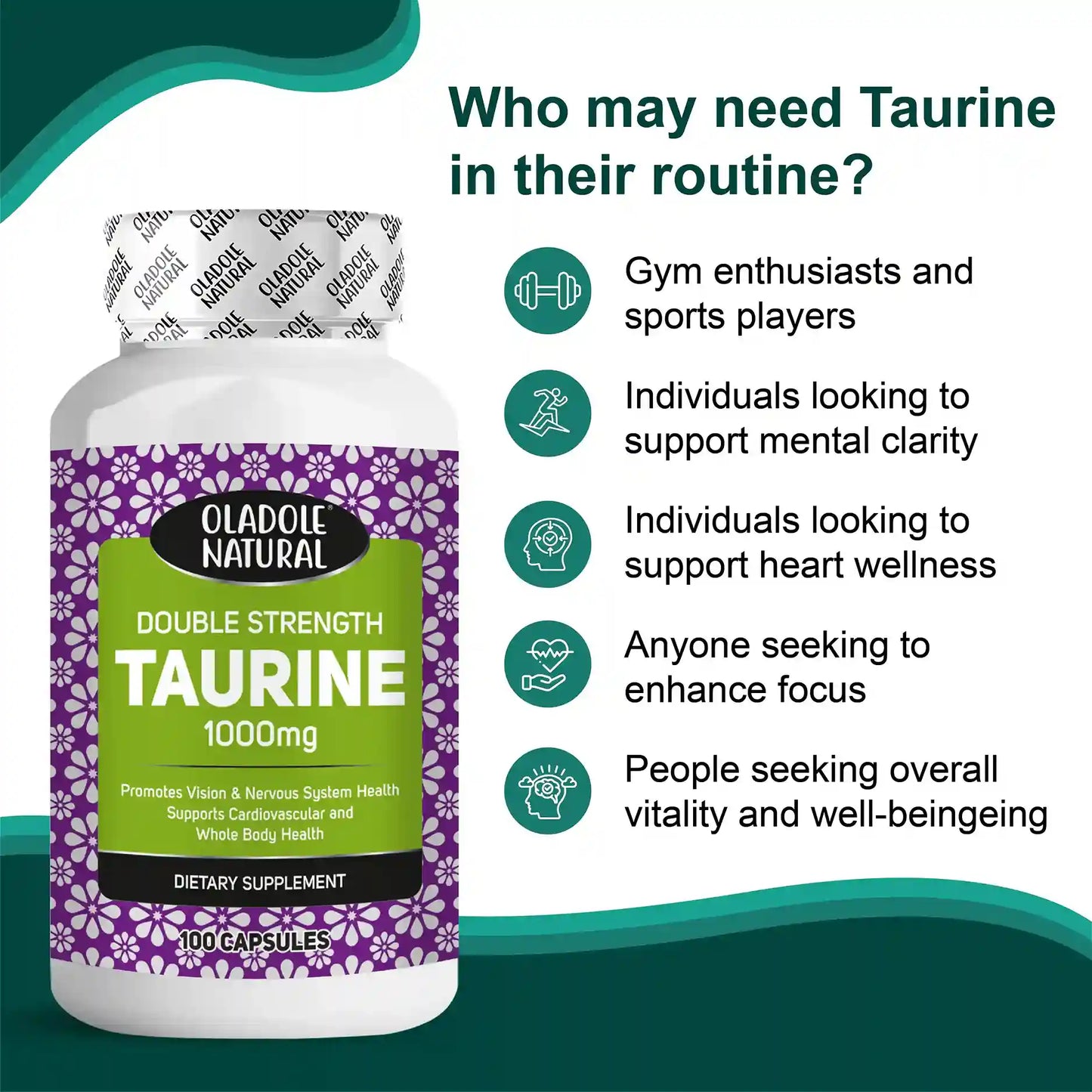 Oladole Natural Double Strength Taurine (1000 mg) - 100 Capsules