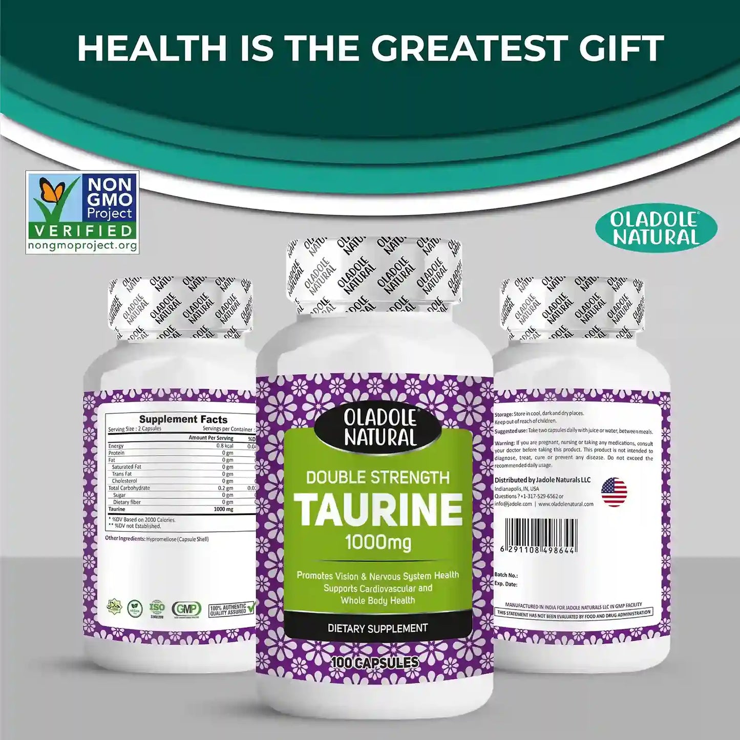 Oladole Natural Double Strength Taurine (1000 mg) - 100 Capsules