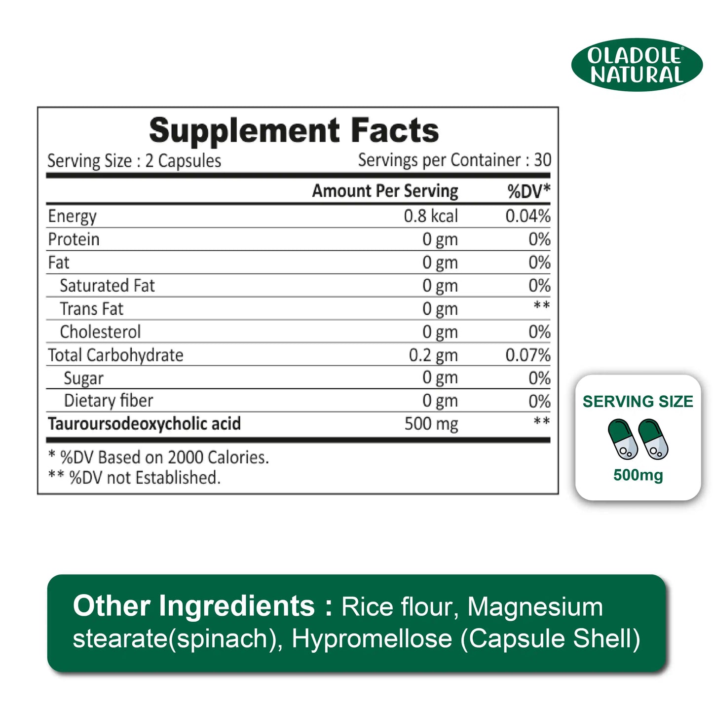Oladole Natural TUDCA Tauroursodeoxycholic Acid 500mg, 60 Capsules