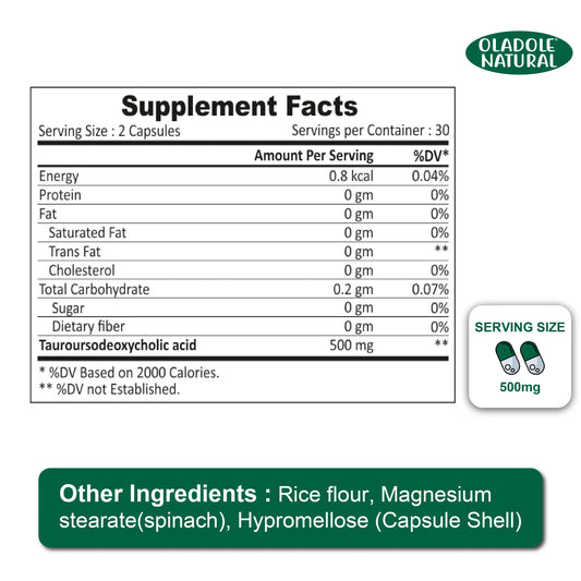 Oladole Natural TUDCA Tauroursodeoxycholic Acid 500mg, 60 Capsules