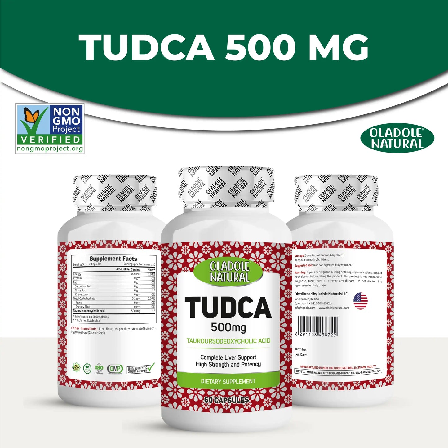 Oladole Natural TUDCA Tauroursodeoxycholic Acid 500mg, 60 Capsules