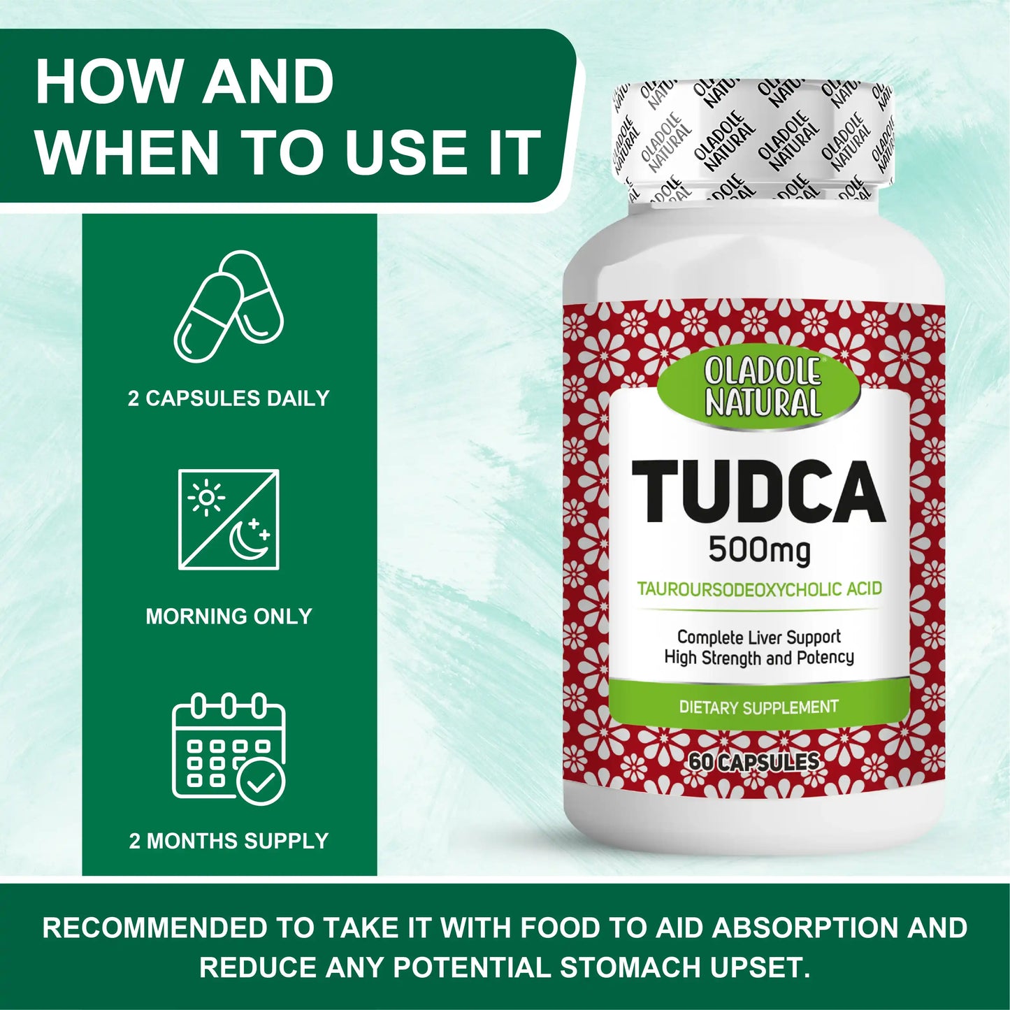 Oladole Natural TUDCA Tauroursodeoxycholic Acid 500mg, 60 Capsules