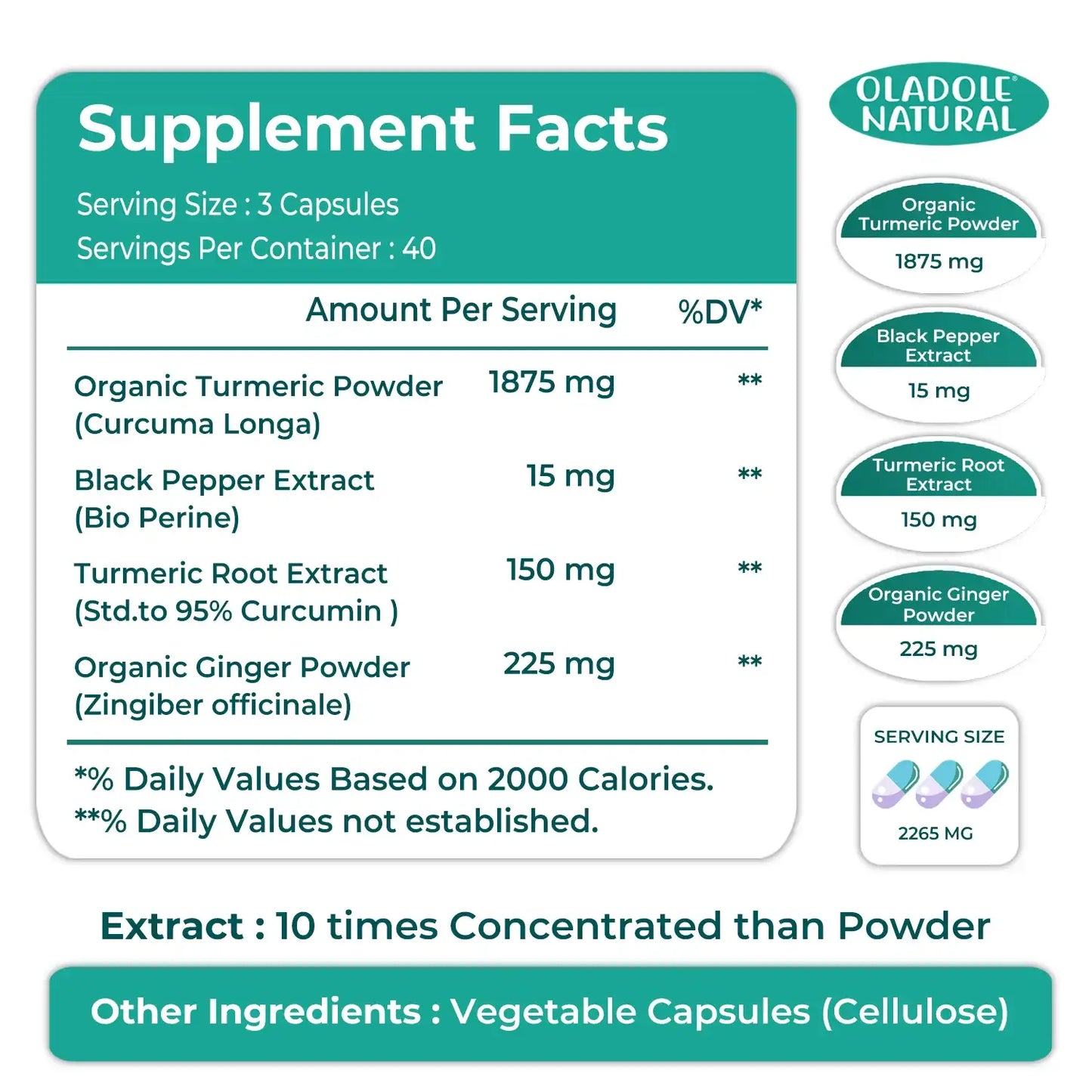 Oladole Natural Turmeric Curcumin Complex 2265mg - 120 Capsules