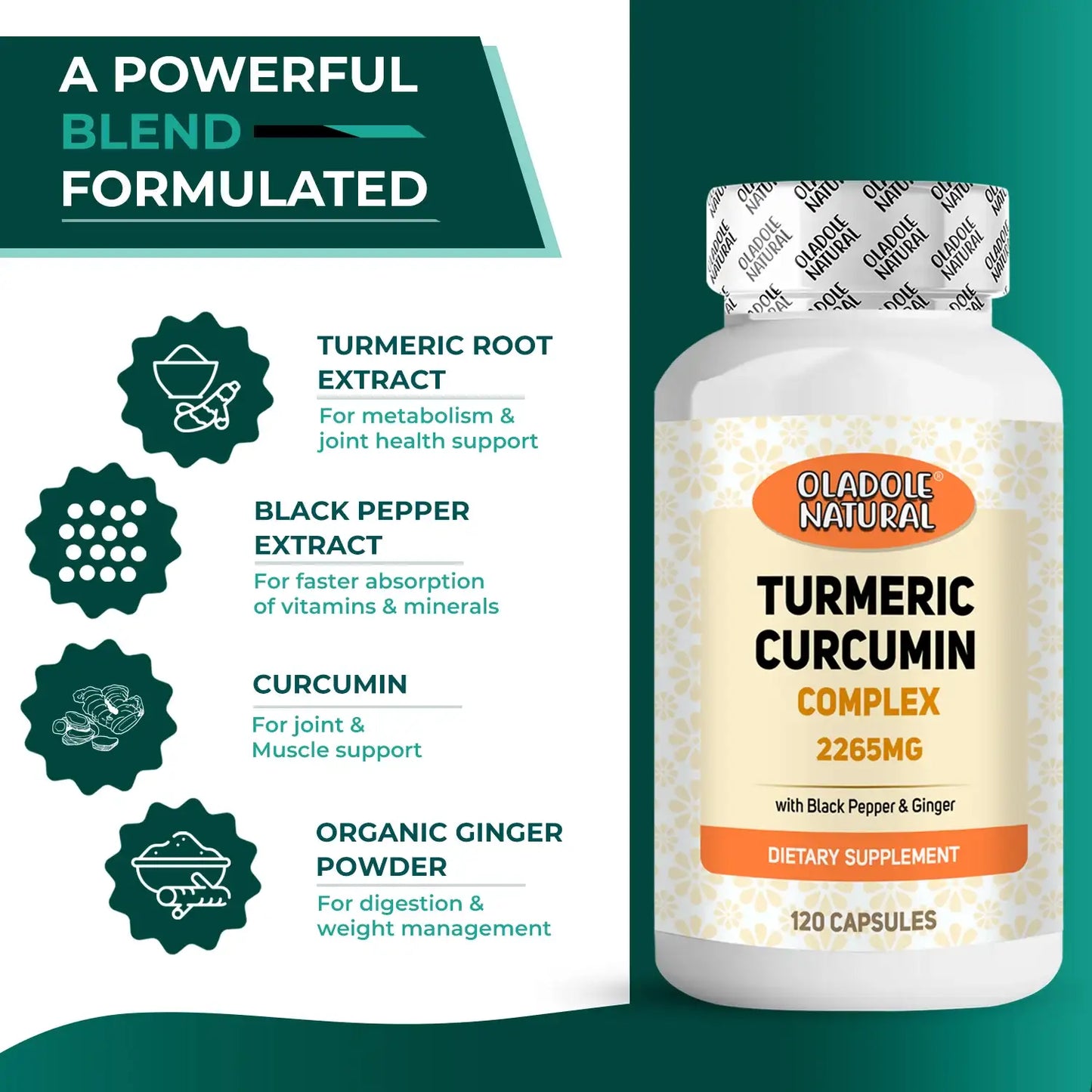 Oladole Natural Turmeric Curcumin Complex 2265mg - 120 Capsules