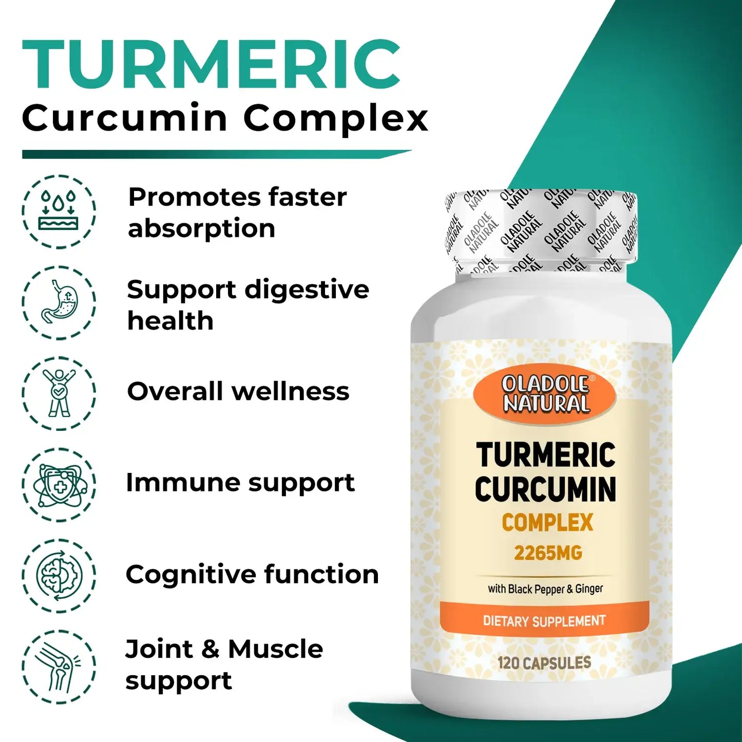 Oladole Natural Turmeric Curcumin Complex 2265mg - 120 Capsules