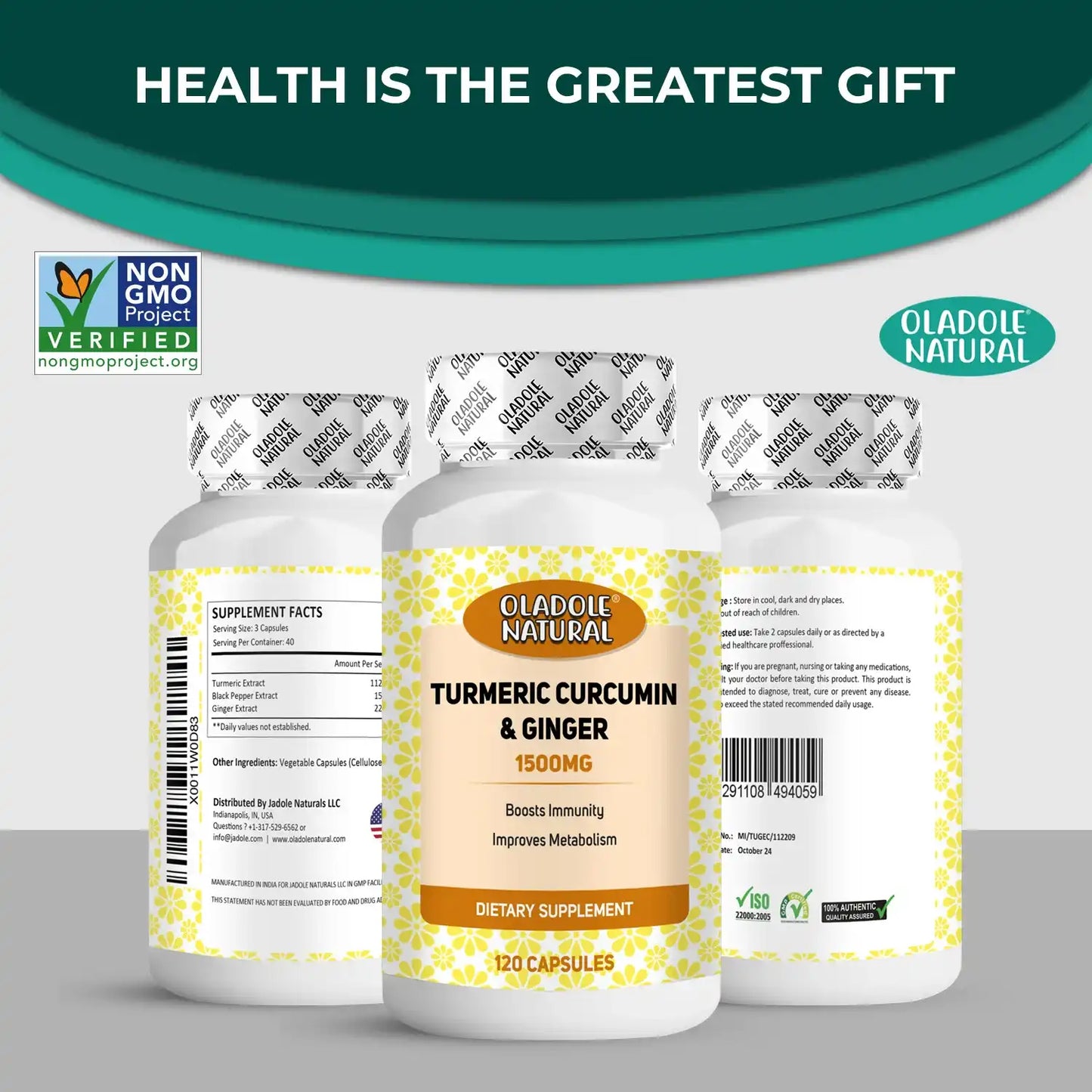 Oladole Natural Turmeric & Ginger With Piperine- 1500mg (120 Capsules)