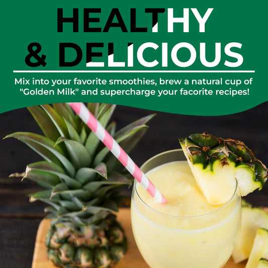 Glass of pineapple smoothie with a straw, pineapple slice, and text about healthy and delicious drinks.
