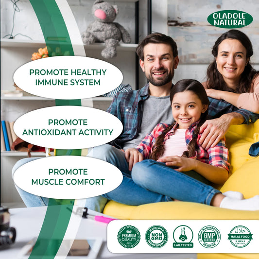 Family sitting on a couch with product features and branding displayed.