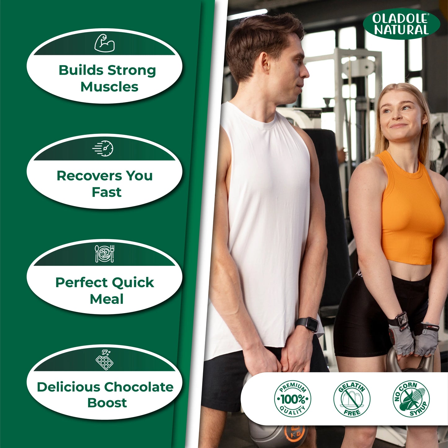 Two people in a gym setting with Oladole Natural product features on the left.