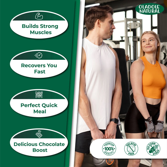 Two people in a gym setting with Oladole Natural product features on the left.